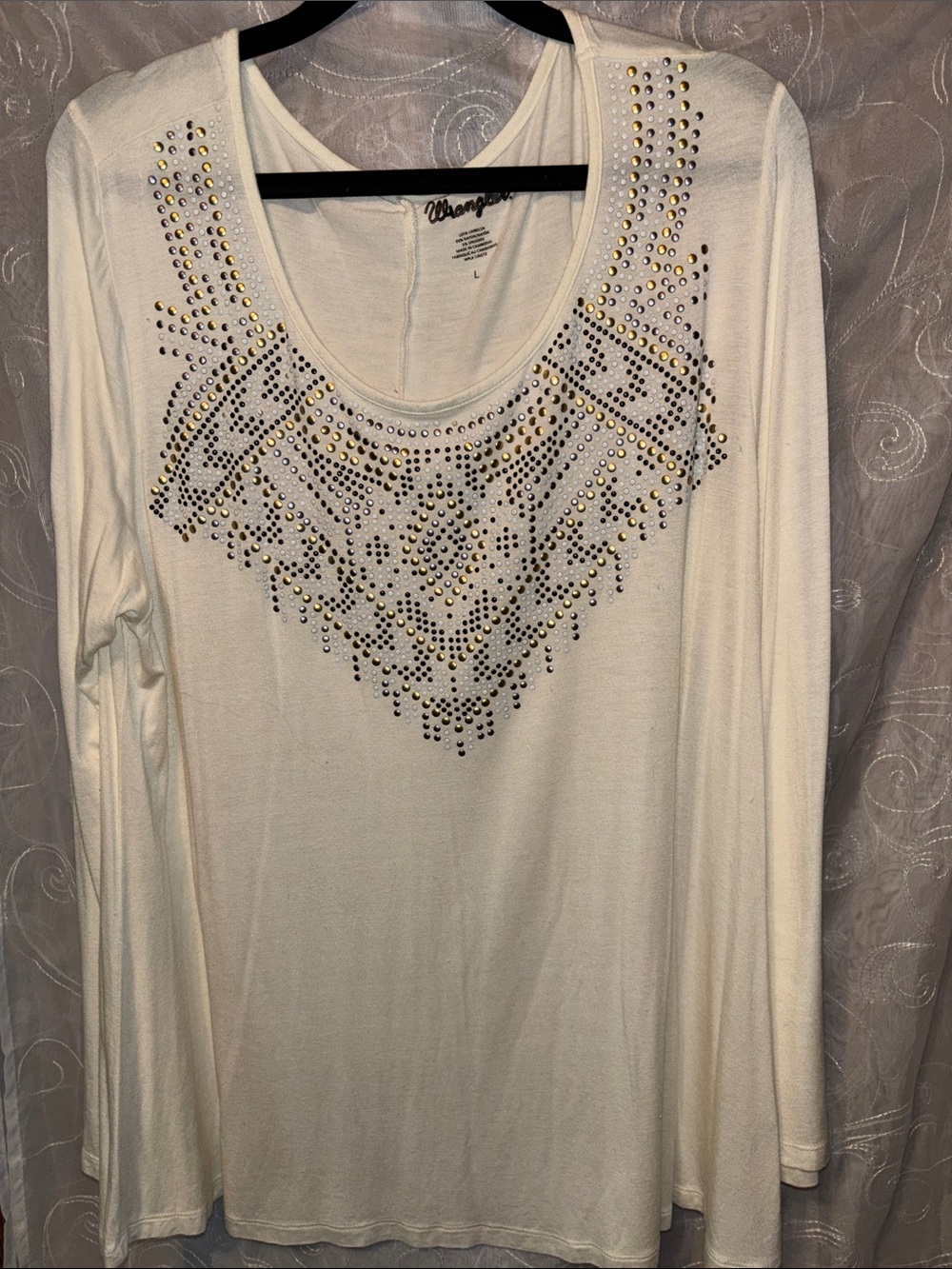 Wrangler Cream Long-Sleeve Scoop Neck Top with Stud Detail